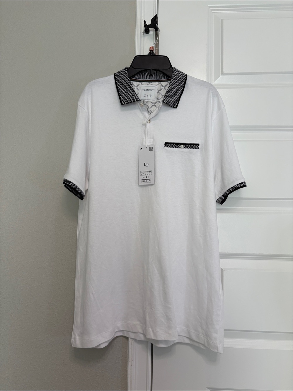 Denim & Flower White Polo with Black Contrast Trim